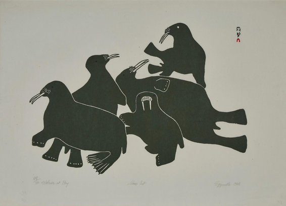 monochrome print in landscape orientation, huddle of five black walruses against plain white background