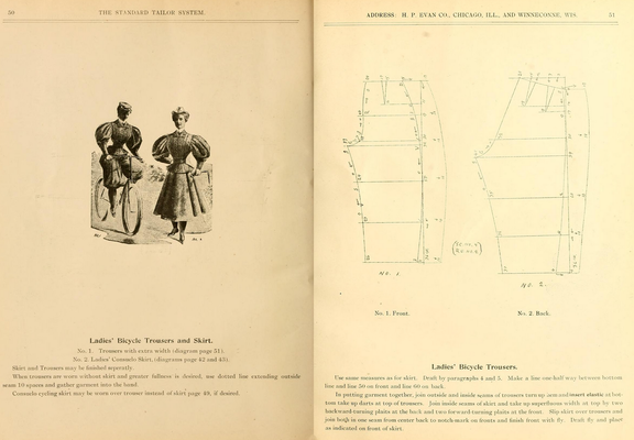 A scan of a fold of an old, yellowed book. On its pages there is first a kind of gloomy and shitty illustration of two ladies engaged in some bicycling, one on a bike and the other just looking dapper. They are wearing a pair of very full trousers and a full but only calf length skirt. Their sleeves are ridiculously large. The page declares the instructions for ladies' bicycle trousers and skirt, and provides a pretty vague set of instructions how to draft them, as well as an illustrated diagram of the same. There is not nearly enough detail to glean much off it unless you've been reading these before, or are used to pattern drafting by eye.