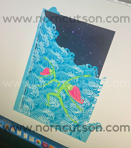 A photo of my computer screen, my Illustrator workspace, as I work on my JUST LIKE HEAVEN-inspired illustration.

It's still very much a Work In Progress, but we see the strange figures dancing underwater in the waves, in front of a starry sky.

TEXT: www.NornCutson.com