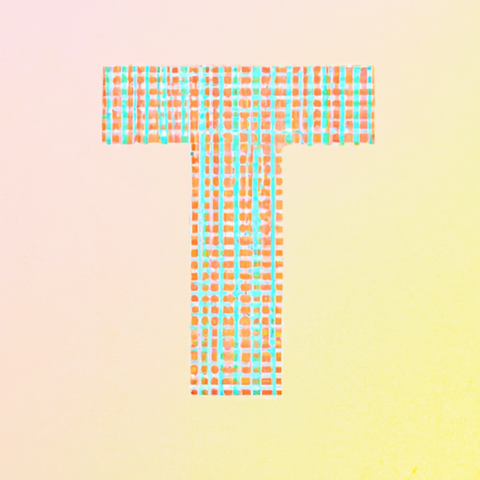 The letter t, in a pixelated font, on a pastel coloured background