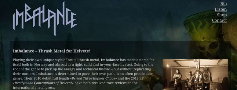 Screenshot of a website, with the band logo at the top left, a few menu items at the top right, and text and an image below. In the background there is a mechanical creature with a skull for head and a crown like hat.