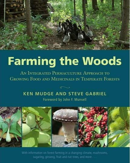 A book titled: Farming the Woods - An integrated permaculture approach to growing food and medicinals in temperate forests. By Ken Mudge and Steve Gabriel, Foreword by John F. Munsell.
With information on forest farming, and farming in changing climate conditions. Maple sugaring, ginseng, fruit and nut trees.

The book cover is dark green with light green type. There are images of woods, plants, berries, roots and mushrooms.