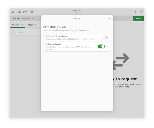 A screenshot of Cartero showing the options dialog with a few placeholder options.