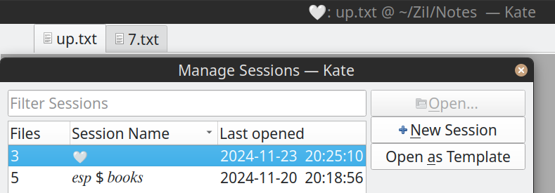 A partial screenshot of Kate text editor showing that two tabs are open in the current session while the Manage Sessions dialog box shows that there are three tabs in the current session.