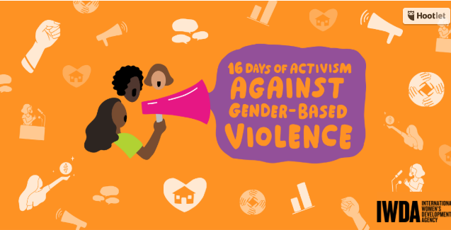 It is a graphic with images of women with a megaphone and the words 16 days of activism against gender based violence.