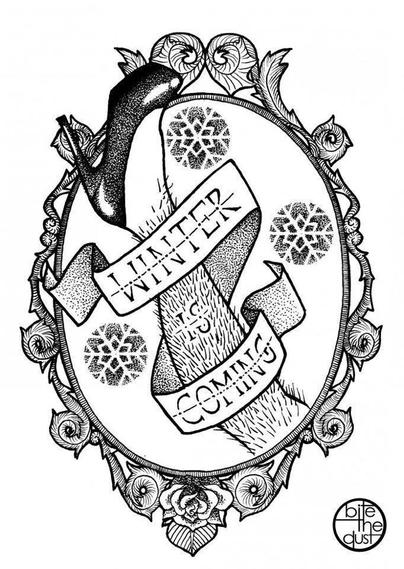 A black-and-white illustration in a detailed, ornate frame. At the top of the design, there is a high-heeled shoe resting on a hairy leg, adding an element of humor. Snowflake designs surround the leg, which is wrapped in a ribbon reading "Winter is Coming." The lower part of the frame features a rose, with the words "Bite the Dust" placed in the bottom-right corner, styled as a logo. The image is detailed with a mix of intricate floral patterns and stippling for shading.