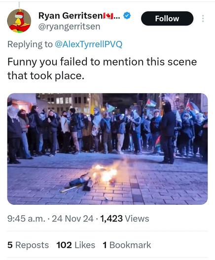 BirdChan screenshot of Ryan Gerritsen whining about a photo of an effigy burning in Montreal