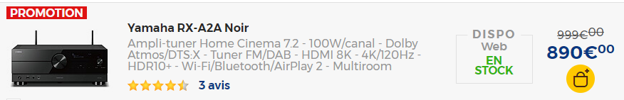 Prix LDLC pour ampli home cinéma Yamaha RX-A2A
Baisse du prix de 999 € à 890 € (sans mention de blackFriday)