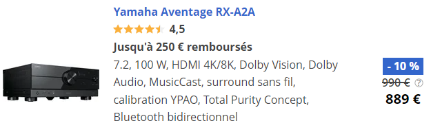 Prix Son & Vidéo pour ampli home cinéma Yamaha RX-A2A
Baisse du prix de 990 € à 889 € (sans mention de blackFriday)