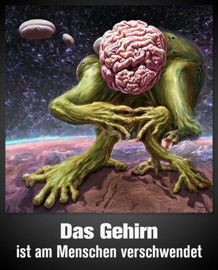 Mit Stable Diffusion erzeugtes, absurdes Bild einer organischen Struktur, die auf einem völlig kahlen Planeten einsam im Weltraum sitzt und ein riesiges Gehirn offen trägt. Darunter der Text: Das Gehirn ist am Menschen verschwendet.