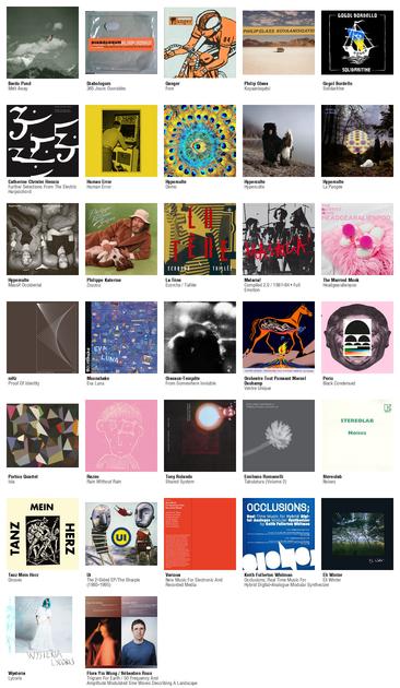 Collage des pochettes des albums de Bardo Pond (Melt Away), Diabologum (365 Jours Ouvrables), Ganger (Fore), Philip Glass (Koyaanisqatsi), Gogol Bordello (Solidaritine), Catherine Christer Hennix (Further Selections From The Electric Harpsichord), Human Error (Human Error), Hyperculte (Demo), Hyperculte (Hyperculte), Hyperculte (La Pangée), Hyperculte (Massif Occidental), Philippe Katerine (Zouzou), La Tène (Ecorcha / Taillée), Malaria! (Compiled 2.0 / 1981-84 • Full Emotion), The Married Monk (Headgearalienpoo), mHz (Proof Of Identity), Moonshake (Eva Luna [Deluxe Edition]), Oiseaux-Tempête (From Somewhere Invisible), Orchestre Tout Puissant Marcel Duchamp (Ventre Unique), Perio (Black Condensed), Portico Quartet (Isla), Razen (Rain Without Rain), Tony Rolando (Shared System), Emiliano Romanelli (Tabulatura (Volume 2)), Stereolab (Noises), Tanz Mein Herz (Dosses), Ui (The 2-Sided EP/The Sharpie (1993-1995)), Various (New Music For Electronic And Recorded Media), Keith Fullerton Whitman (Occlusions; Real Time Music For Hybrid Digital-Analogue Modular Synthesizer), Eli Winter (Eli Winter), Wysteria (Lycoris), Flora Yin Wong / Sébastien Roux (Trigram For Earth / 50 Frequency And Amplitude Modulated Sine Waves Describing A Landscape)