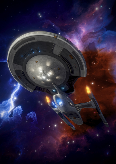 Colorful render of the USS Enterprise G seen from below, colorful blue and red space nebulae in the background.
