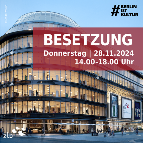 Das Gebäude Q207 von außen, dargestellt als neuer Ort für Zentral- und Landesbibliothek Berlin.