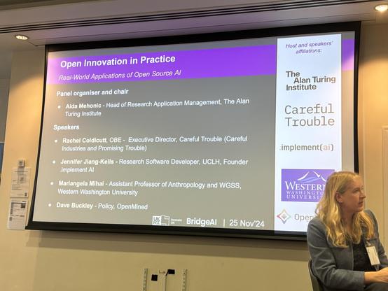 A presentation slide titled "Open Innovation in Practice: Real-World Applications of Open Source AI," featuring a list of panel organizers and speakers:

Panel organiser and chair: Aida Mehonic - Head of Research Application Management, The Alan Turing Institute

Speakers
Rachel Coldicutt, OBE - Executive Director, Careful Trouble (Careful
Industries and Promising Trouble)
Jennifer Jiang-Kells - Research Software Developer, UCLH, Founder implement Al
Mariangela Mihai - Assistant Professor of Anthropology and WGSS,
Western Washington University
Dave Buckley - Policy, OpenMined