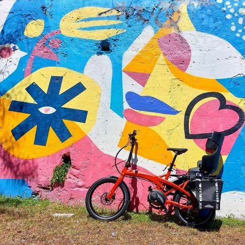 Tern Vektron parked in front of a mural.