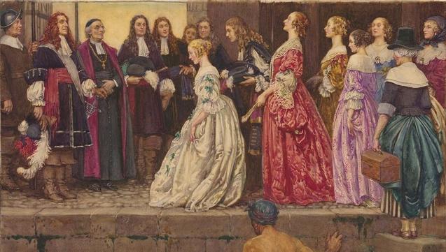 Une peinture représente une scène animée d’une rencontre formelle, probablement de nature historique ou royale. Au premier plan, un groupe d'hommes et de femmes élégamment vêtus, en costumes d'époque, se tiennent en rangée. Les hommes portent des robes sombres et ornées, tandis que les femmes arborent des robes longues et colorées, richement décorées. Une jeune femme au centre, en robe crème, semble être le sujet principal.  Au premier plan, en bas, une personne partiellement visible, aux épaules et au dos nus, suggère une différence de statut social. L'arrière-plan est une structure architecturale simple.  L'atmosphère générale est formelle et cérémonielle.