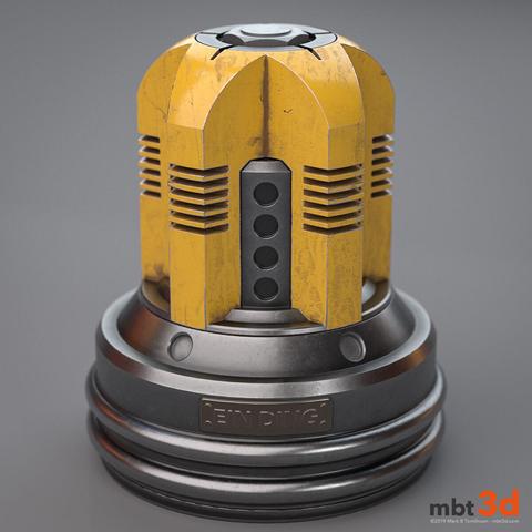 cylindrical extruded yellow and metal piece with trimmed and sliced flanges