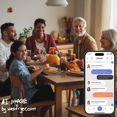 A group of five people enjoying a festive meal around a wooden table, featuring pumpkins and drinks. They are smiling and engaged in conversation. A mobile phone displaying a messaging app is visible in the foreground.