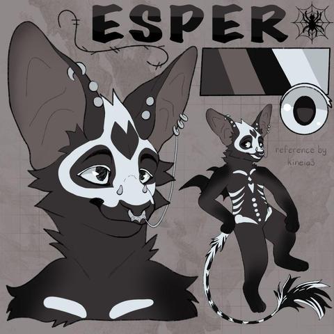 Reference of an anthro bat character with skull marking, a headshot on left and right name ”Esper”, color palette and chibi