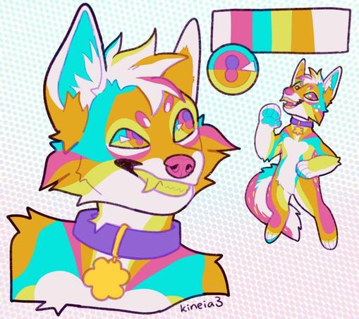 Reference of an anthro multicolor jackal character, a headshot on left and color palette and chibi on right
