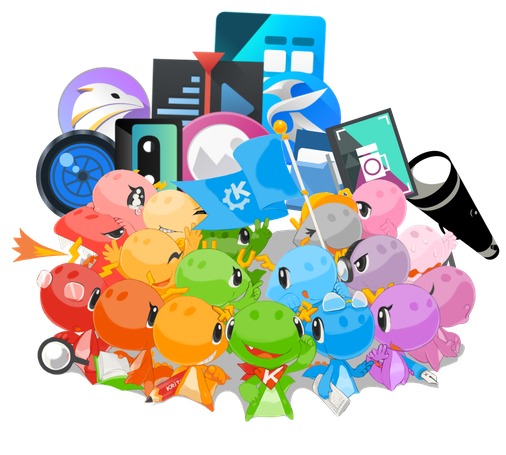 A bunch of multicolored dragons holding up a load of KDE app icons.