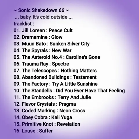 Sonic Shakedown 66 Tracklist

our latest playlist dropped to Mixcloud 25/11/24, tap the Linktree in our profile