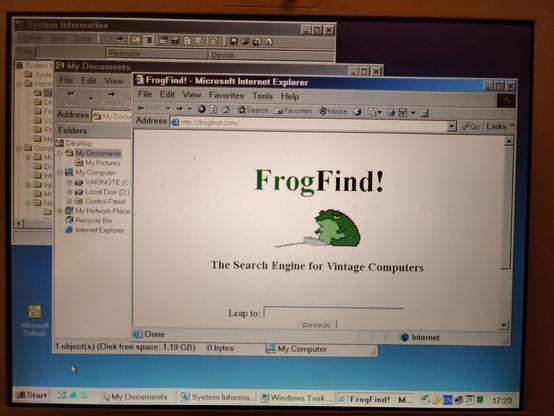 A photo of the screen showing Internet Explorer 6 displaying frogfind.com.