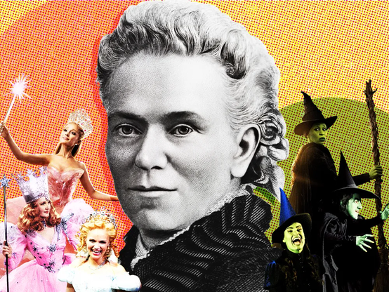 Composite image of Matilda Gage with images from "Wicked" around her