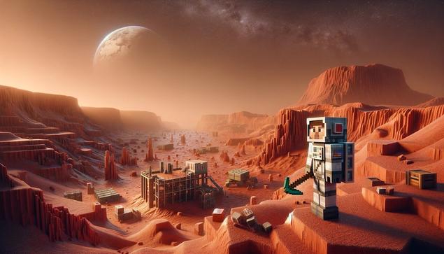 A voxel-style astronaut stands on a red, rocky terrain resembling Mars, with distant mountains and a celestial body visible in the sky. Scattered structures suggest a futuristic settlement.