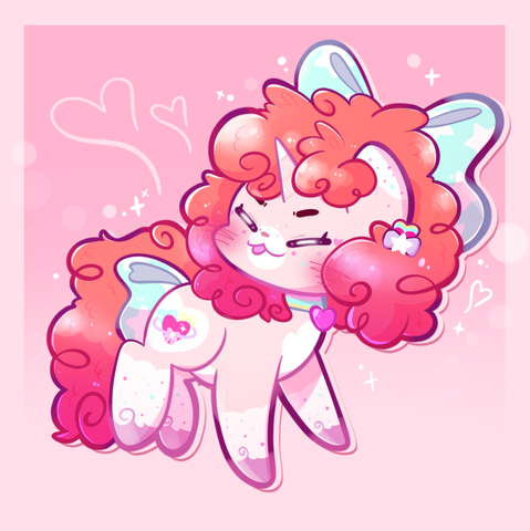 Art of a pink pony with super curly, reddish mane, and white tips with rainbow sprinkles on her ears, with the same design on her legs. She has a cute, baby blue bow with white stars on her tail and her head, and some rainbow accessories in her mane and around her neck. She is making a little blep expression. The background is pink with sparkles and hearts.