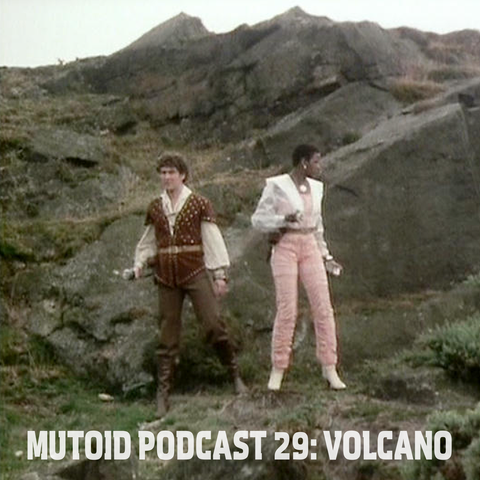Artwork for the Mutoid Podcast episode on 'Volcano' (Blake's 7). Tarrant and Dayna stand near the rim of a volcano.