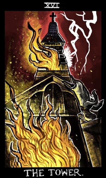 Lightning strikes a barn styled church that is engulfed in flames surrounded by a dark and ominous sky. A sheared sheep topples from the top of its spire. It is in a card format where the top reads XVI and the bottom text reads The Tower.