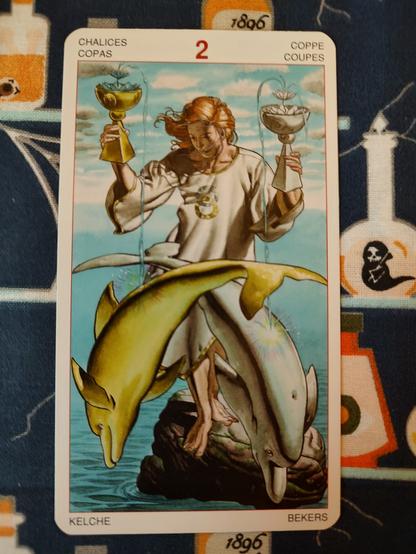 Card from the Initiatory Tarot of the Golden Dawn deck published by Lo Scarabeo.
Two of Chalices.
A woman in white robes, holds a chalice up in each hand. She stands on a rock, over water. In front of her two dolphins jump out of the water.