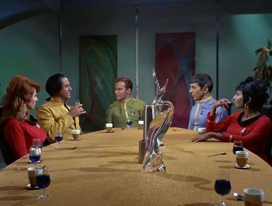Left to right: Madlyn Rhue, Ricardo Montalban, William Shatner, Leonard Nimoy & Nichelle Nichols in "Space Seed"