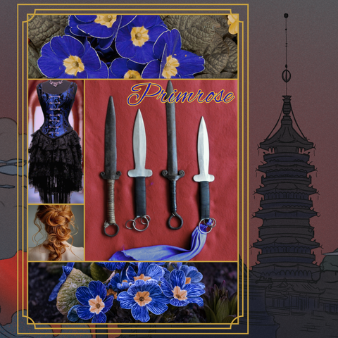 A graphic created using multiple elements. The background is the cover art for the first novel in the Below the Heavens series. It's zoomed in to focus on a tall oriental-style tower, with misty clouds surrounding it and the red glow of an eclipse in the sky. Layered above this is an ornate golden frame with multiple boxes in it. The top box is a horizontal rectangle, featuring a photo of deep blue primroses with golden centers and thin white lines around each petal. Underneath this and to the left is a vertical rectangle featuring a knee length dress with black lace ruffles and an elegant blue corset. Below that is a square showing fiery orange curls in an updo. To the right of these two mini-frames is another which features four different throwing daggers on a red cloth. There is script in the top corner of this frame, which reads "Primrose". Underneath the three middle frames is another horizontal rectangle that contains more blue primroses.