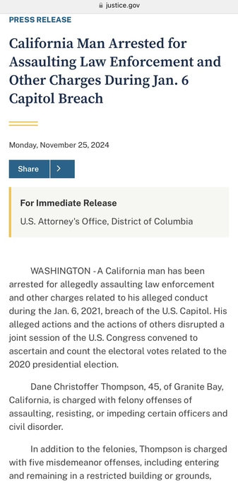 Screenshot of Department of Justice press release regarding arrest of January 6th riot suspect Dane Christoffer Thompson (Granite Bay, California).