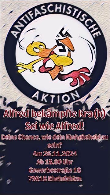 Comic Ente Alfred kickt das Nazikreuz entzwei, drumherum ist der Kreis der Antifaschistischen Aktion.