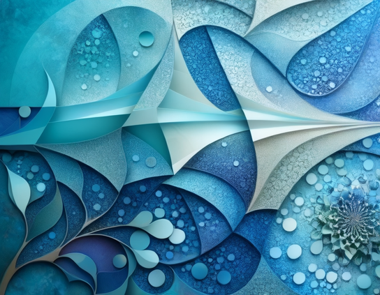 Layered blue and teal curves, fractal-like patterns, floral motifs and directional elements pointing from left to right. Abstract style.