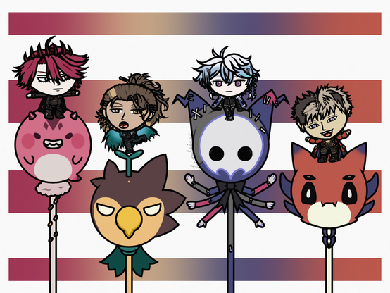 A digital illustration of cake pops inspired by the members of HOLOSTARS English -ARMIS-.

From left to right: Jurard T Rexford on a Sorawrity cake pop, Goldbullet on a Bubby cake pop, Octavio on a Poppet cake pop, and Crimzon Ruze on a Ruzader cake pop.