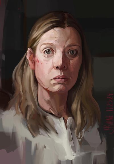 Digital painting of a woman Looking directly at the viewer, Perfect face lit on one. Stylized portrait with unusual lines and marks.