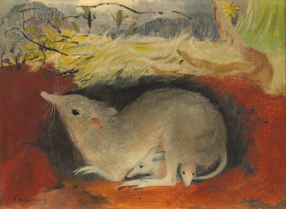 oil painting in landscape orientation depicting a mother bandicoot with two young in their underground burrow