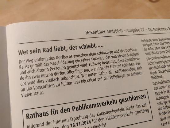 Screenshot eines Artukikels im Amtsblatt mit dem Hinweis, dass auf dem Fußweg nur Radfahris unterwegs sein dürfen, die ihr Rad schieben