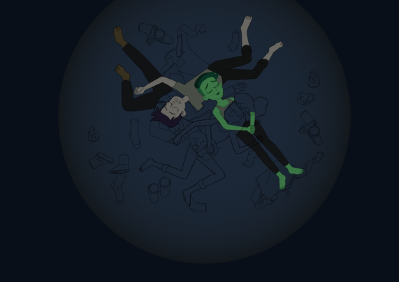 A top down, in progress view of a scene from Star Trek Lower Decks. Four characters are asleep in a circle, with each head on another's stomach, with random clothes around them. Only two and a half characters are coloured so far with the rest of the scene being black outlines.