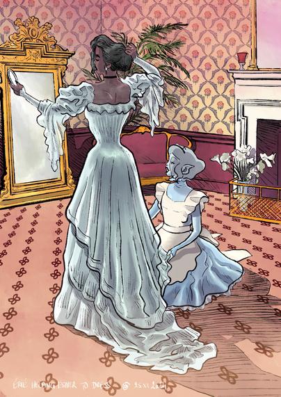 Esther in a pale green dress is looking into a mirror while Erie kneeled assists her with dressing. 

The setting features a luxury room with ornate wallpaper, mirrors, a fireplace, a red sofa, and decorative plants.