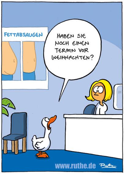 Eine Gans steht bei der Anmeldung vom Schönheits-Chirurg: "Haben Sie noch einen Termin vor Weihnachten?"