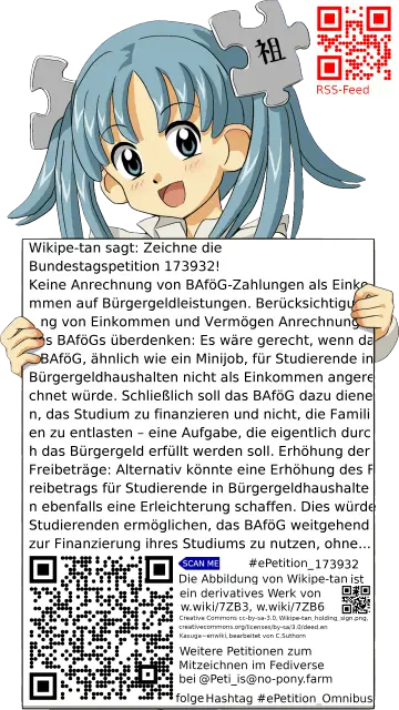 Sharepic zur Petition 173932 für Toots, Posts, Chats, Poster, Banner, Flyer, T-Shirts, Tassen mit QR-Code, der direkt zur Mitzeichnen-Seite des Bundestags oder dem Login der Bundestags-Petitionsseite führt