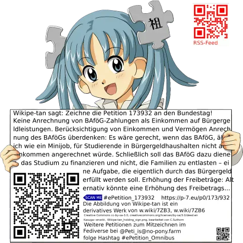Sharepic zur Petition 173932 für Toots, Posts, Chats, Poster, Banner, Flyer, T-Shirts, Tassen mit QR-Code, der direkt zur Mitzeichnen-Seite des Bundestags oder dem Login der Bundestags-Petitionsseite führt