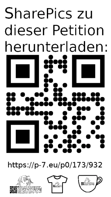 QR code und Link zur Download-Seite für die Sharepics der ePetition 173932, https://p-7.eu/p0/173/932